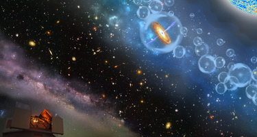 This image is an artist’s concept of a supermassive black hole, which is part of a quasar from just 690 million years after the Big Bang. The quasar (orange disk) is surrounded by neutral hydrogen, indicating that it is from the period called the epoch of reionization, when the universe’s first light sources turned on. The object was detected by Carnegie’s Magellan telescope at the Las Campanas Observatory, shown in the bottom left corner. Courtesy Robin Dienel/Carnegie Science