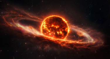 Artist's renditions of the space weather around M dwarf TIC 141146667.  The torus of ionized gas is sculpted by the star's magnetic field and rotation, with two pinched, dense clumps present on opposing sides of the star. Illustrations by Navid Marvi, courtesy Carnegie Science. 