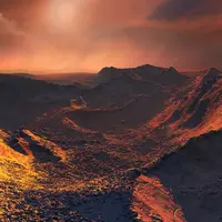 Artists rendering of an exoplanet's surface with craggy mountains, and dusty sky in red and gold tones
