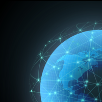 Illustration of blue globe surrounded by information transfer lines. 