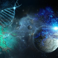 An illustration of a planet, lake, and DNA