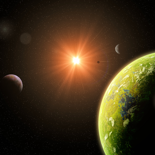 Artist rendering of the sun in a solar system with three planets surrounding it 