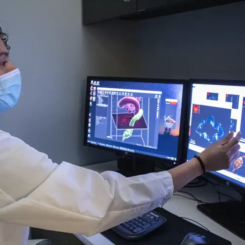 Ludington Lab manager Daniel Martinez studies a micro-CT scan of a fly gut