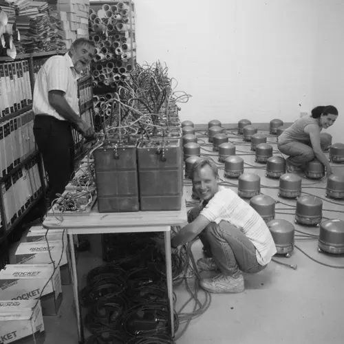 Adriana Kuehnel (right) works with Randy Kuehnel (middle) and Rod Green (left) to prepare seismometers to study the Kaapvaal Craton in South Africa circa 1997. Credit: Earth and Planets Laboratory