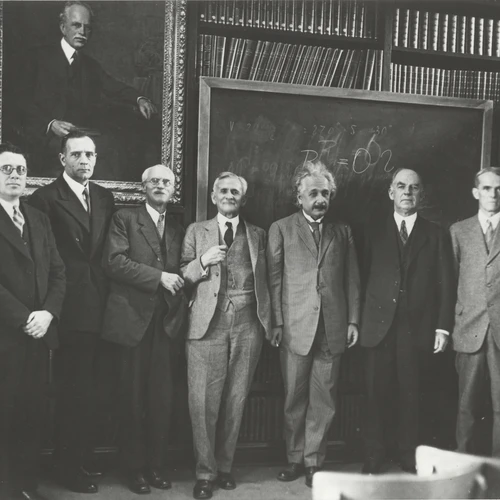 Edwin Powell Hubble, Albert Einstein and five others gathered at the Hale Library, Pasadena.