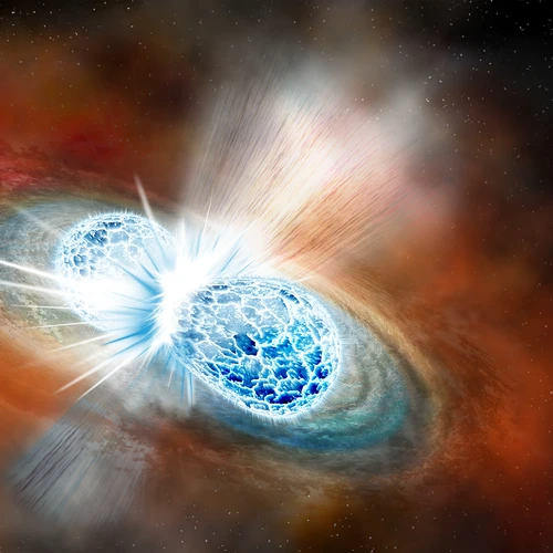 Artist’s concept shows the explosive collision of two neutron stars.