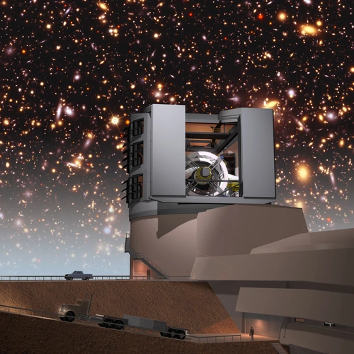 Artistic rendering of the Large Synoptic Survey Telescope (LSST) facilities, renamed the Vera C. Rubin Observatory, against a simulated night sky.