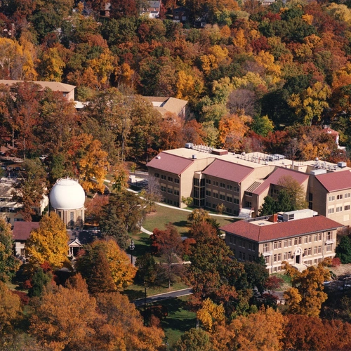 An overhead shot of the Broad Branch Road campus in autumn. 