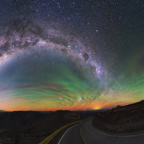 A night sky panorama of the Magellan telescopes at Las Campanas Observatory in Chile