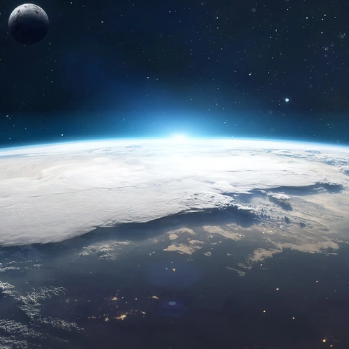 Earth seen from space with human settlements visible and the Moon in the background. Image purchased from Shutterstock. 