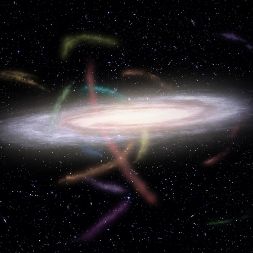 Artist’s representation of our Milky Way Galaxy surrounded by dozens of stellar streams. These streams were the companion satellite galaxies or globular clusters that are now being torn apart by our Galaxy’s gravity. (Credit: James Josephides and S5 Collaboration.)