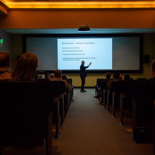 Graham Pearson starts his presentation with a list of characteristics that make Richard Carlson a good friend and mentor.