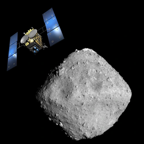 A composite image showing the Hayabusa2 spacecraft approaching the Ryugu asteroid. Spacecraft image is courtesy of NASA. Asteroid image is courtesy of JAXA, University of Tokyo, Kochi University, Rikkyo University, Nagoya University, Chiba Institute of Technology, Meiji University, Aizu University, and AIST.