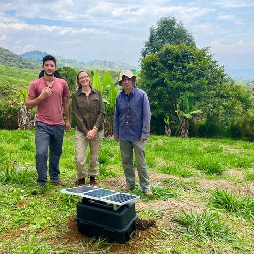 Miguel Alzate, Lara Wagner, and Gaspar Monsalve install MUSICA stations during fieldwork in Colombia