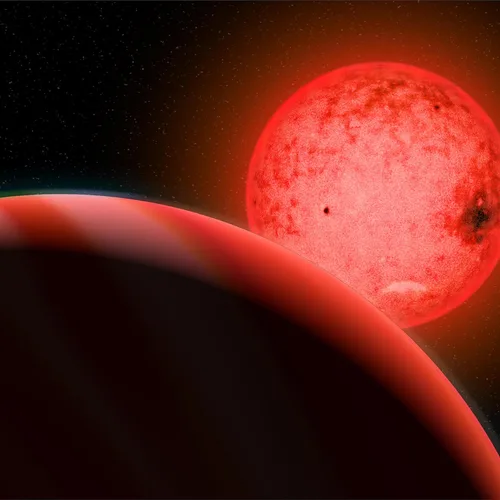 Artist's conception of a a large gas giant planet orbiting a small red dwarf star called TOI-5205. Image by Katherine Cain, courtesy of the Carnegie Institution for Science.