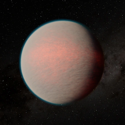 An artist's conception of GJ 1214 b. Although the sub-Neptune planet has been studied by astronomers for more than a decade, its opaque atmosphere has made it difficult to gain an understanding of its makeup until now. JWST enabled a team of astronomers to study its atmosphere in never-before-seen detail, revealing a highly reflective world with a steamy atmosphere. Credit:  NASA/JPL-Caltech/R. Hurt (IPAC).
