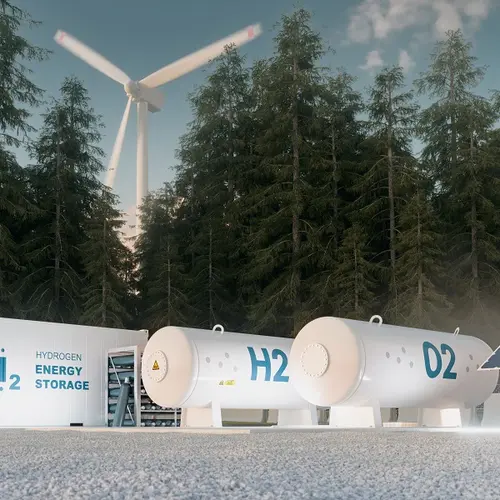 An illustration of hydrogen fuel synthesis from wind and solar power. 