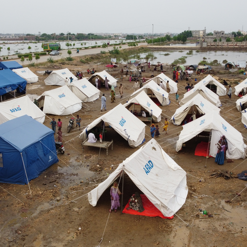 Shutterstock image of relief tents from 2022 Pakistan flooding