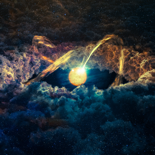 Star surrounded by a protoplanetary disk and clouds, science fiction background. Elements of this image furnished by NASA.