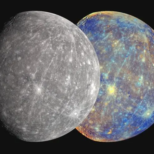 A gray-true color Mercury next to a colorized Mercury that combines visible and near infrared light to highlight the differences in surface composition. 