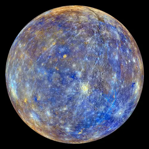 The planet Mercury on a black background. This colorful view of Mercury was produced by using images from the color base map imaging campaign during MESSENGER's primary mission.  NASA/Johns Hopkins University Applied Physics Laboratory/Carnegie Science