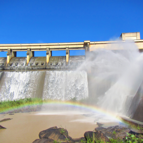 Rainbow in front of a dam wall. Shot in Hazelmere Dam Nature Reserve, near Durban, North Coast of Kwazulu-Natal, South Africa.