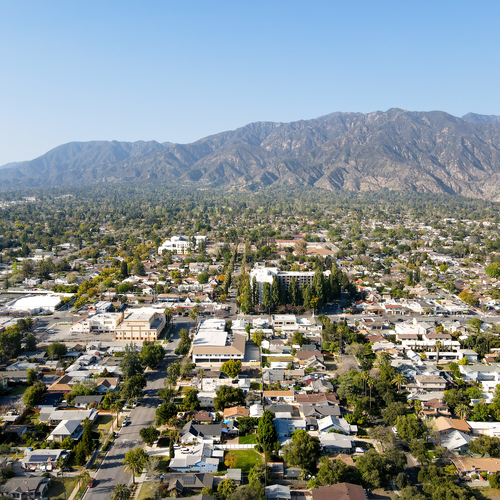 Pasadena aerial view with San Gabriel mountains rising in the background