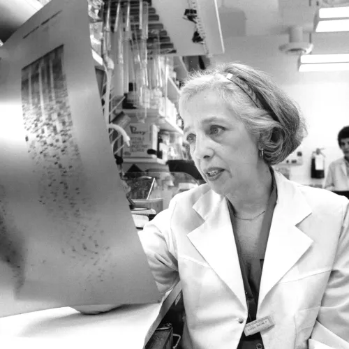 Maxine Singer examines data in the lab in 1989. Photograph by Bruce Reedy Photography. 