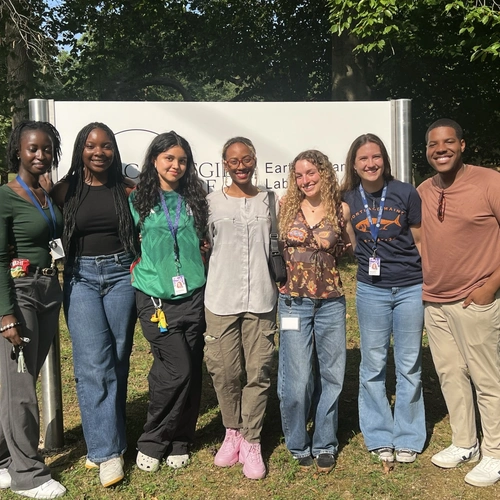 A group photo of Veronica Duran and the following CASE staff/students from left to right: Ahmeda Turay - Lead Biotech Research Assistant Jaiden Burney - Research Assistant Veronica Duran - Research Assistant Ramella Suber - Lab Technician; Summer STARS Instructor Stella Grand - Research Assistant Darwin Denny - Research Assistant