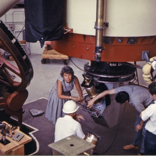 Vera Rubin at Lowell Observatory, 69-inch [i.e., 72-inch] Telescope (Kent Ford in white helmet)