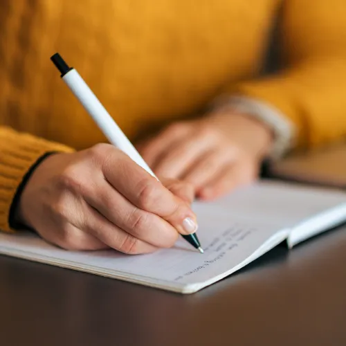 A woman taking notes in a notebook