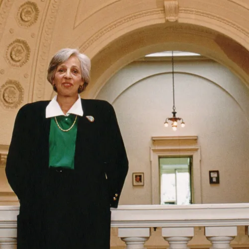 Maxine Singer with the rotunda of the Carnegie Institution administration building