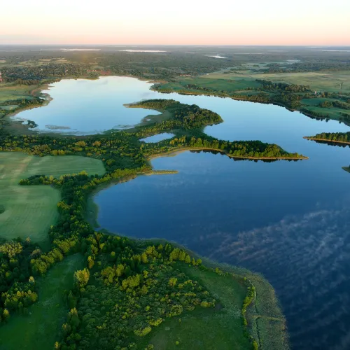 A lake stretches through a green area