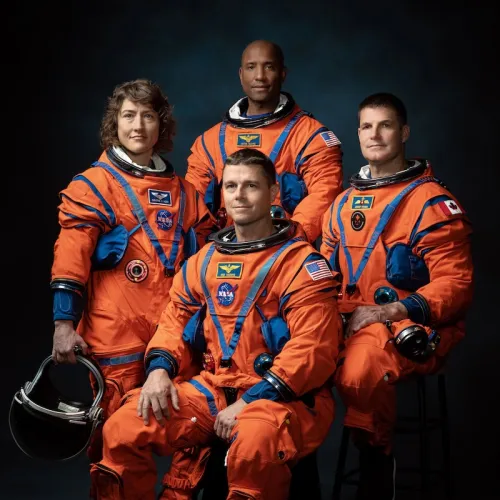 The crew of NASA’s Artemis II mission (left to right): NASA astronauts Christina Hammock Koch, Reid Wiseman (seated), Victor Glover, and Canadian Space Agency astronaut Jeremy Hansen. Credits: NASA