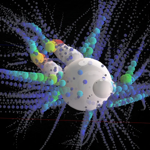 This image shows a representation of a merger tree from one of Galacticus’ calculations. Each colored sphere represents a dark matter halo that grows with time and eventually merges with other dark matter halos. Galacticus is a model used to determine the formation and evolution of the galaxies. Courtesy: Andrew Benson