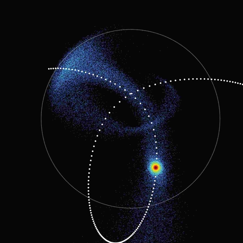 A dark matter subhalo being pulled apart by the tidal forces of the larger dark matter halo in which it orbits. Credit: Andrew Benson. 