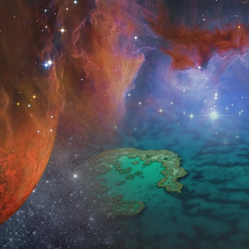 A composite image showing a lava planet, a stellar nebula, and a coral reef, representing the breadth of Carnegie Science research